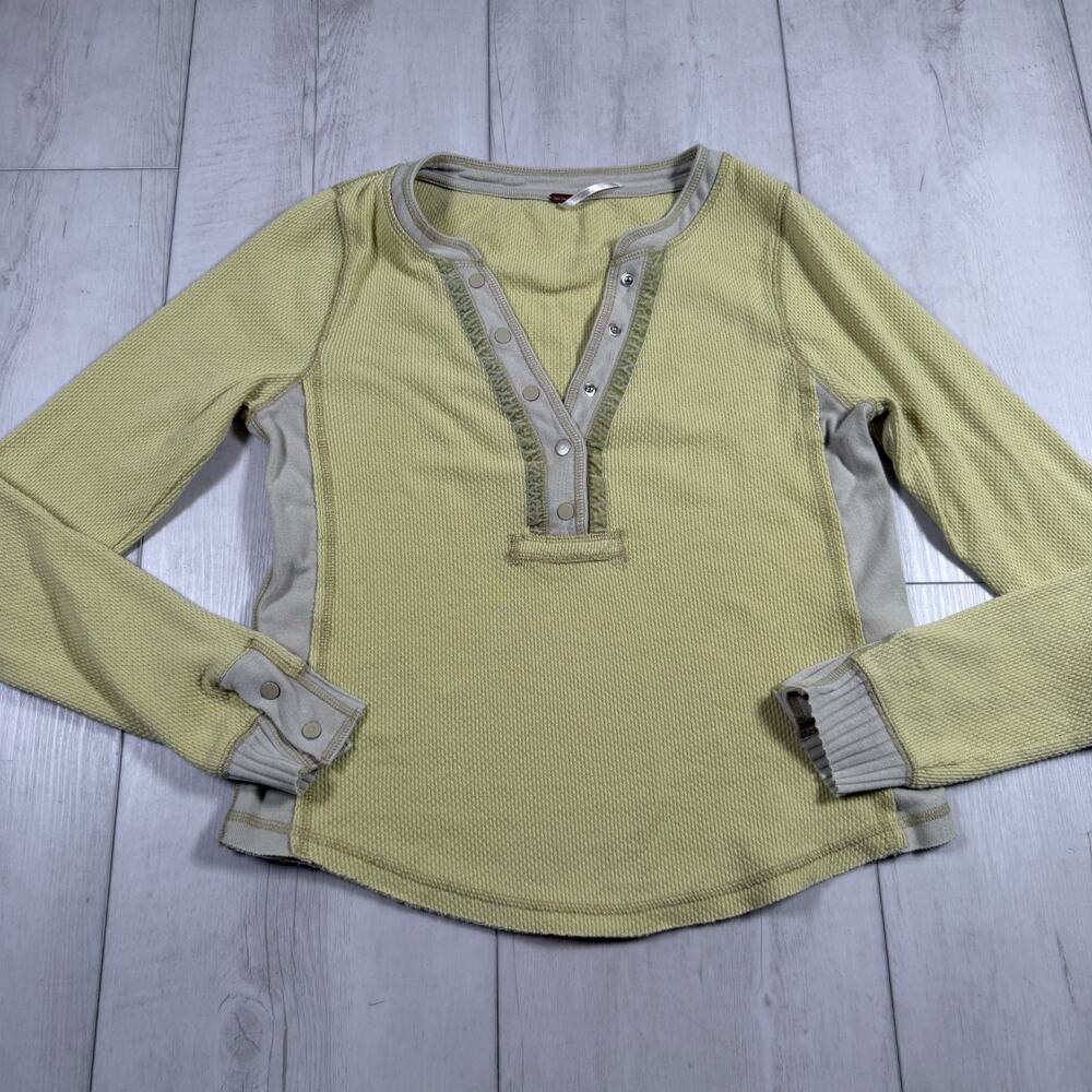 Free People Carly Green Waffle Knit Henley Thermal Top Trim Long Sleeve Small